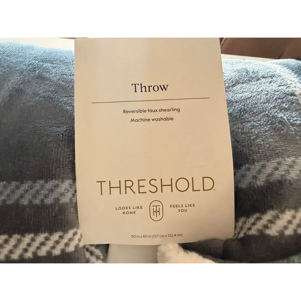 Threshold Reversible Faux Shearling Throw Blanket Blue Plaid 50x60 NWT Target